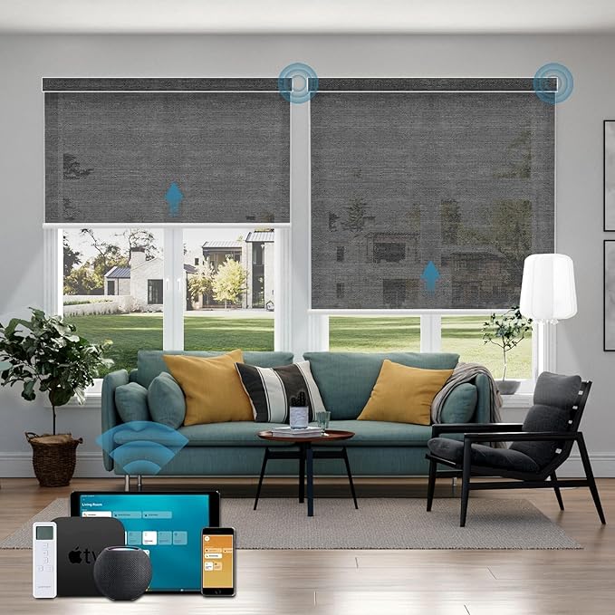 Motorized Light Filtering Roll Shades Work with HomeKit, 50% Blackout Smart Blinds for Windows, Electric Blinds with Remote, APP/Voice Control, Automatic Solar Shades,Sunscreen PVC Free Black