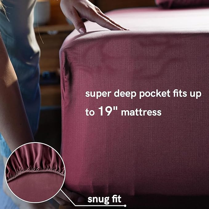 YnM Cooling Bed Sheet Set with 100 Percent Rayon Derived from Bamboo, 400TC Fabric with 2 Pillowcases and Flat Sheet, Deep Pocket Fit 19'', Silky-Soft & Sweat Wicking, 4 Piece (Full, Rose Purple)
