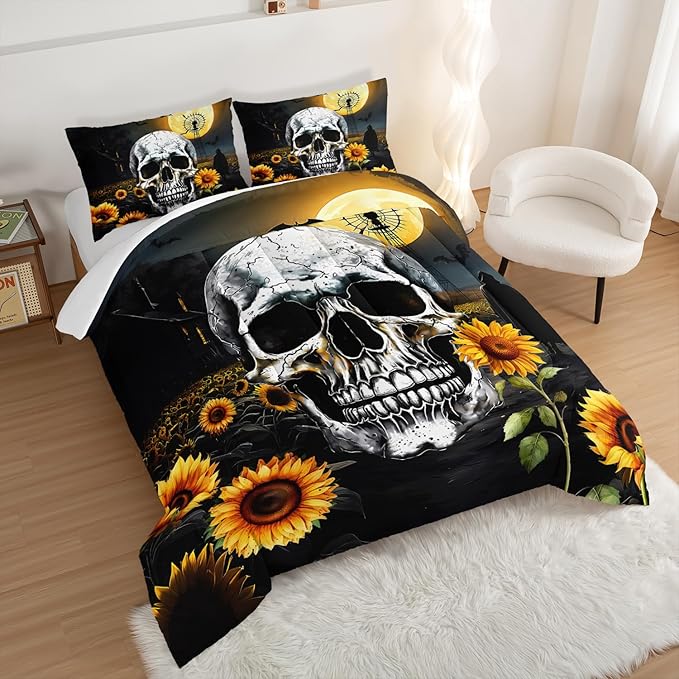 Skull Comforter Set for Gothic Decor Bedroom,Sunflower Floral Bat Print Bedding Twin Size Comforter Set for Kids Boys Girls,Dark Night Halloween Horror Bedding Set with 2 Pillowcases.