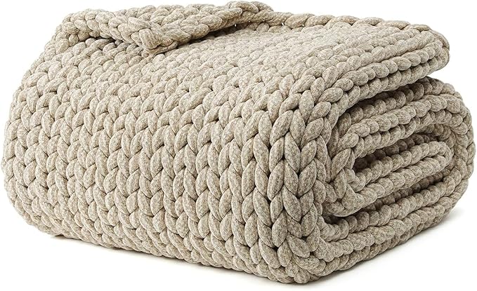 YnM Chenille Weighted Blanket, Handmade Chunky Knitted Design, Soft and Cozy, Temperature Regulating and Breathable, Machine Washable Throw for Sleep or Home Decor (Beige, 80x87 Inch, 25lbs)