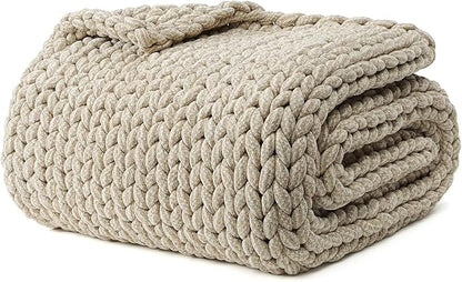 YnM Chenille Weighted Blanket, Handmade Chunky Knitted Design, Soft and Cozy, Temperature Regulating and Breathable, Machine Washable Throw for Sleep or Home Decor (Beige, 60x80 Inch, 20lbs)