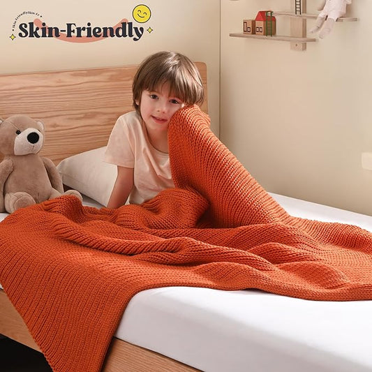 Guohaoi Knitted Weighted Blanket Kids (Orange 40"x60" 7lbs) No Beads Cooling Heavy Blanket, Home Decor Breathable Chunky Knit Throw Blanket for All-Season Use