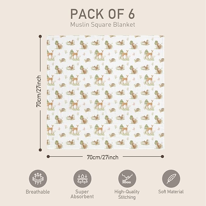 GLLQUEN BABY Receiving Blanket Boy Cotton Muslin Swaddle Blankets Girl Newborn Squares Breathable & Soft Thin Baby Blankets Cloths Double Absorbent Infant Swaddling Wrap - 6 Pack (Deer & Soft Light)