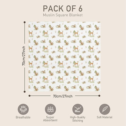 GLLQUEN BABY Receiving Blanket Boy Cotton Muslin Swaddle Blankets Girl Newborn Squares Breathable & Soft Thin Baby Blankets Cloths Double Absorbent Infant Swaddling Wrap - 6 Pack (Deer & Soft Light)