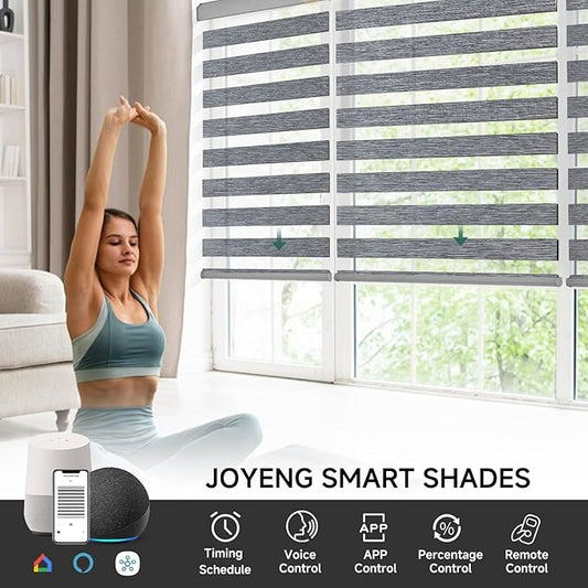 Motorized Zebra Blinds, Cordless Blackout Window Shades with Remote, Custom Dual Layer Smart Roller Shades Compatible with Alexa Google Assistant, Automatic Light Filtering Blinds,Texture Gray