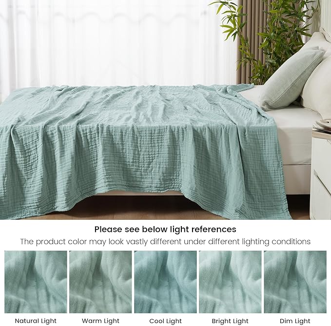 PHF Cooling Muslin King Blanket for Hot Sleepers, 60% Rayon Derived from Bamboo, 40% Cotton for Summer, 4-Layer Breathable Gauze Blanket for Bed Couch, 108"x90", Sage Green