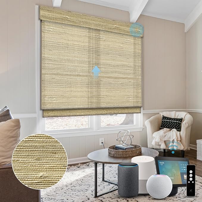 SmartWings Motorized Natural Woven Wood Shades for Windows, Electric Roman Shades with Remote for Bedroom Living Room, Work with Matter Zigbee Alexa Z-Wave Google Home, Customized, Ramie 390