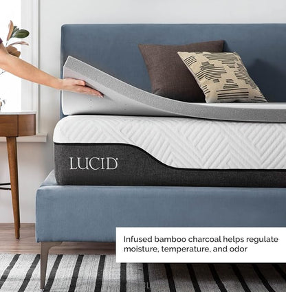Lucid 2 Inch Ventilated Bamboo Charcoal Memory Foam Mattress Topper, CertiPUR-US Certified, Moisture and Odor Control-Full