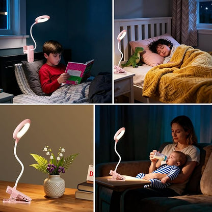 Desk Lamp LED Clip on Light, 5 Modes 5 Brightness Dimmable Clamp Light, Rechargeable Battery Flexible Clip on Reading Lamp for Bed Headboard Bunk Bed at Night for Kids (Pink)