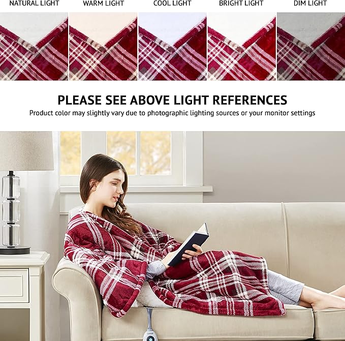 Beautyrest Wearable Electric Poncho Wrap Blanket, Ultra Soft Sherpa & Berber Fleece Heated Throw, UL Certified & OEKO-TEX, 3 Heat Settings & 2 Hour Auto Shutoff, Gift-Ready, 50" x 64", Red Plaid