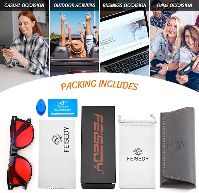 FEISEDY Sleep Blue Light Glasses for Woman Men 99.9% Computer Gaming Red Lens Eyeglasses Reduce Eyestrain G2835