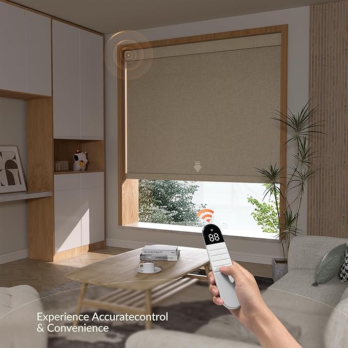 Boolegon Motorized Roller Blinds with Remote Control, Blackout Linen Fabric-Matched Automatic Roller Shades for Windows, Rechargeable Electric Window Shades for Home, Office, Beige, Custom Now