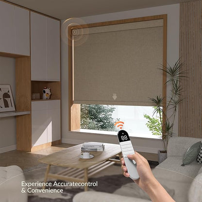 Boolegon Motorized Roller Blinds with Remote Control, Blackout Linen Fabric-Matched Automatic Roller Shades for Windows, Rechargeable Electric Window Shades for Home, Office, Beige, Custom Now