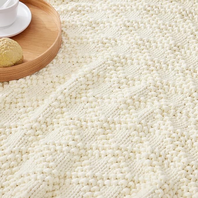 Knitted Weighted Blanket for Adult, Chunky Knit Weighted Throw for Sleep 60"*80" 15lbs, Cooling Breathable Machine Washable Heavy Blanket for Room Decor (Ivory White, Queen)