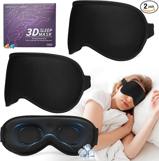 3D Sleep Mask for Men Women 2 Pack, Blackout Eye Mask for Sleeping Eye Mask for Side Sleeper, Memory Foam Adjustable&Washable, Airplane Travel Essentials Couples Yoga Meditation Office Black-Ice Silk