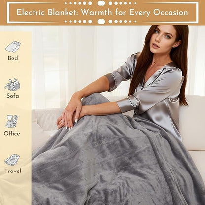 Electric Heated Blanket 72"x84" Full Size Flannel Heated Blanket, Cozy & Warm for All Night, 5 Heat Settings & 10 Hours Auto Off, Machine Washable, Light Grey
