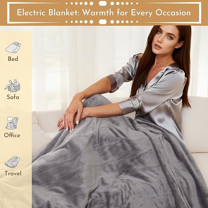 Electric Heated Blanket 50"x60" Throw Size Flannel Heated Blanket, Cozy & Warm for All Night, 5 Heat Settings & 3 Hours Auto Off, Machine Washable, Light Grey