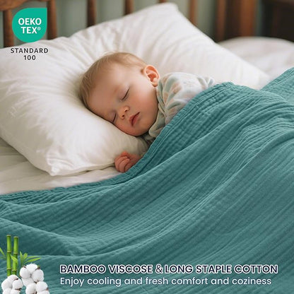 PHF Cooling Muslin Throw Blanket for Hot Sleepers, 60% Viscose from Bamboo, 40% Cotton and 4-Layer Breathable Gauze Blanket for Bed Couch, 50"x60", Teal Blue