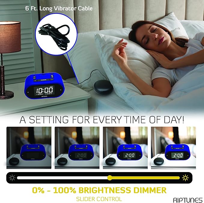 Riptunes Loud Alarm Clock with Bed Shaker for Heavy Sleepers & Hearing Impaired - Dual Alarm for Bedroom Weekday and Weekend Settings USB Charging, Dimmer, Snooze