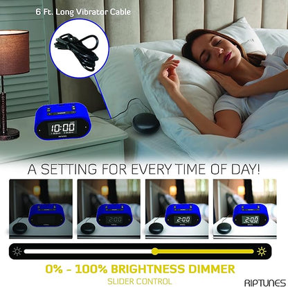 Riptunes Loud Alarm Clock with Bed Shaker for Heavy Sleepers & Hearing Impaired - Dual Alarm for Bedroom Weekday and Weekend Settings USB Charging, Dimmer, Snooze