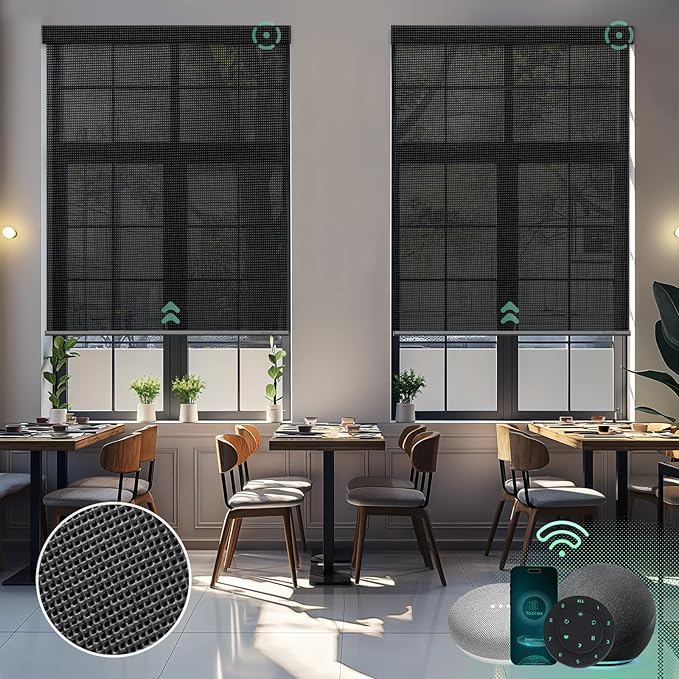 Yoolax Motorized Solar Shades Light Filtering Motorized Blinds with Remote Smart Blinds Work with Alexa Flame Retardant Roller Shades for Windows Home Office Custom Size (14% Openness Steel Gray)