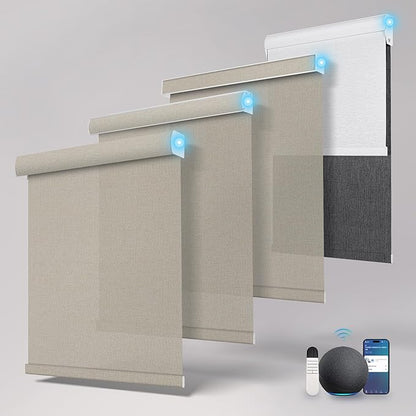 Motorized Blinds with Remote,Light Filtering Smart Roller Shades with App,Voice Control,See-through Fabric,Thermal Insulated Automatic Blinds,Electric Shades with USB/Solar Pannel.Solar Beige