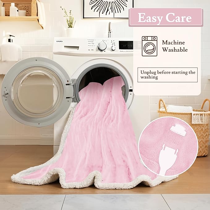 Electric Heated Blanket 62"x84" Twin Size Flannel & Sherpa - 4 Heat Settings & 10H Auto Shut Off for Safe Overnight Use, Fast Heating, Machine Washable for Bed, Couch, Office - Pink