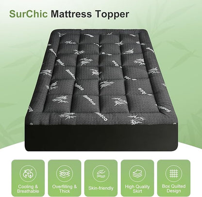 Twin XL Size Mattress Topper Viscose Derived from Bamboo, Soft Thick Pillow Top Mattress Pad Cover for Back Pain, Cooling Mattress Protector with 8-21 Inch Deep Pocket, Dark Grey