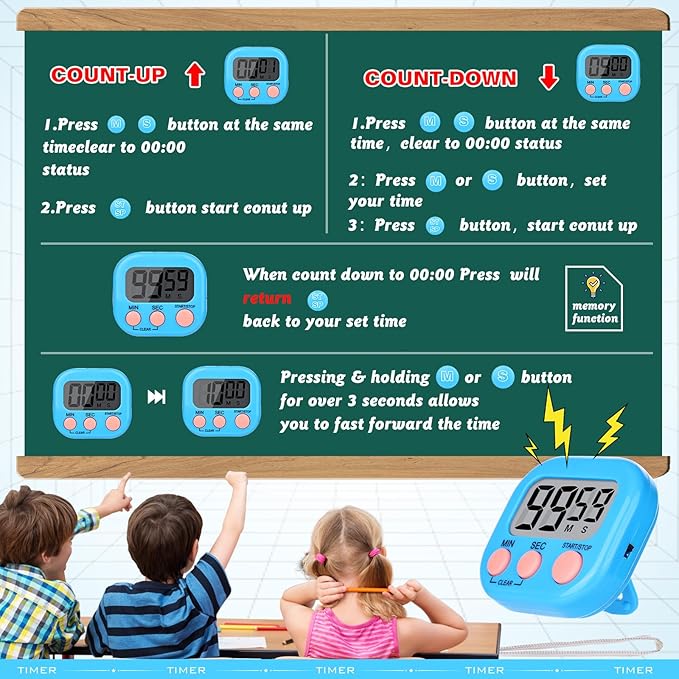Mwellewm Digital Kitchen Timer 12 Packs Magnetic Classroom Stopwatch Timer 6 Colors Small Digital Countdown Timers for Cooking Mini Loud Alarm Stop for Kitchen Study Work Sports Games Office Clock