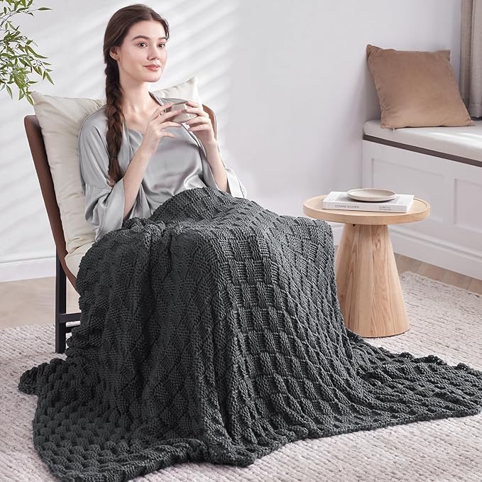 Knitted Weighted Blanket for Adult, No Beads Heavy Blanket 48” x 72'' 15lbs, Breathable Chunky Knit Blanket, Cooling Weighted Blanket for Hot Sleepers, Christmas Home Decor (Dark Grey)