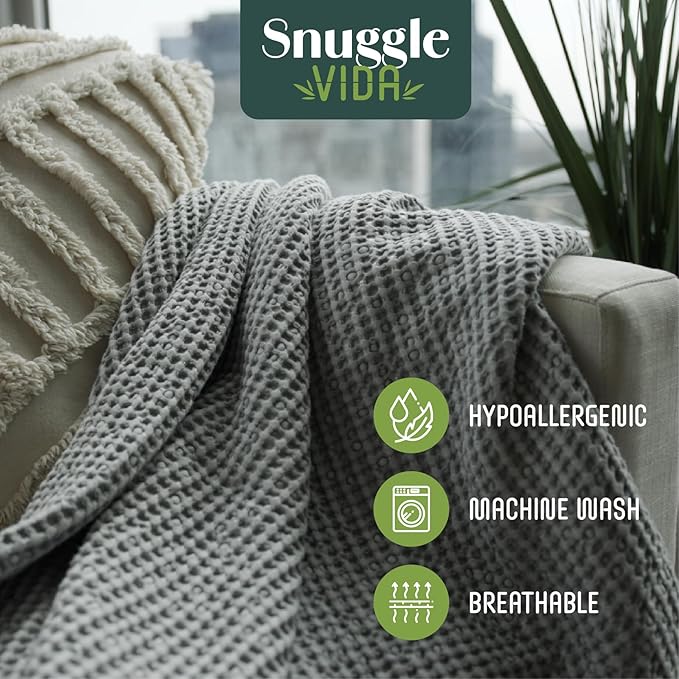 SNUGGLEVIDA Bamboo Cooling Blanket - Temperature Regulating Waffle Blanket for Comfortable Sleep - Throw for Sensitive Skin - Hypoallergenic, Breathable, Machine Washable