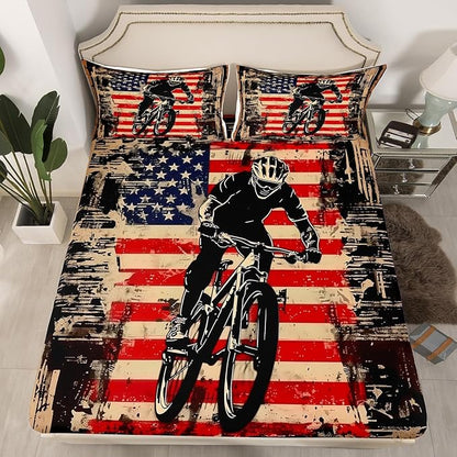 Manfei Cycling Fitted Sheet Full Size, Racing Sports Theme Bedding Set 3pcs, Bicycle Player American Flag Bed Cover with 2 Pillowcases, Kids Boys Teens Room Decor, Soft Bedding(No Top Sheet)