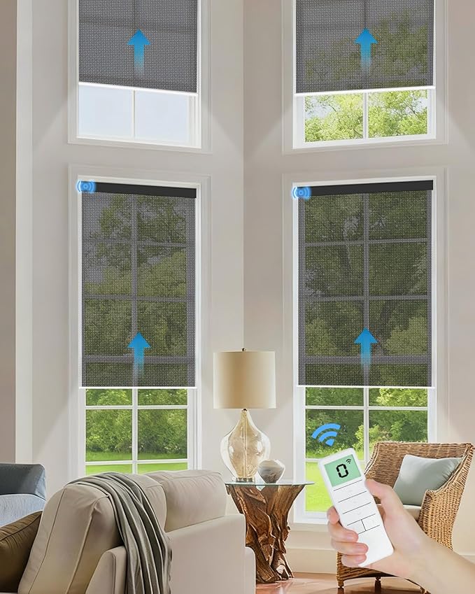 Motorized Solar Roller Shades with Remote Control, Light Filtering Smart Blinds for Windows Work with Alexa Google via Hub, Rechargeable Electric Shade Customized Size (Fireproof Black)