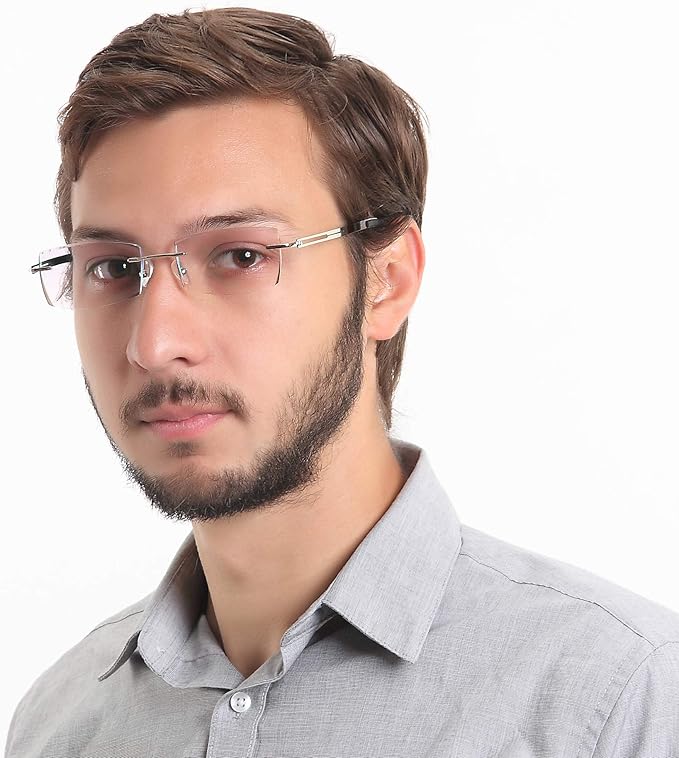 LifeArt Blue Light Blocking Glasses,Computer Reading Glasses,Rimless Frame Tinted Lens with Diamond,Stylish for Men (No Magnification)