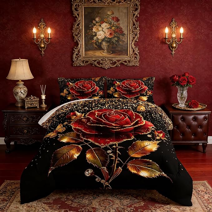 Gold Red Rose Comforter Set King Size,Golden Glitter Butterfly Pattern Bedding Set for Girls Women Couple Lover,Romantic Valentine's Day Floral Themed Bedding Set with 2 Pillowcases.