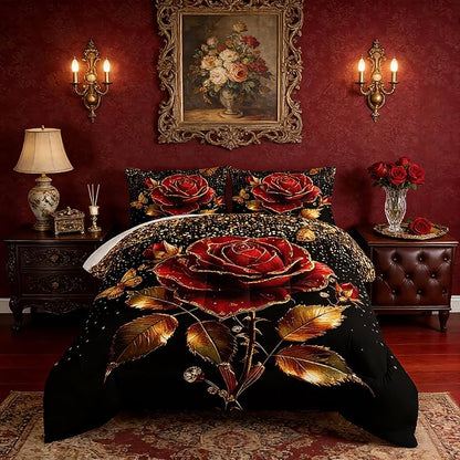 Gold Red Rose Comforter Set Twin Size,Golden Glitter Butterfly Pattern Bedding Set for Girls Women Couple Lover,Romantic Valentine's Day Floral Themed Bedding Set with 2 Pillowcases.