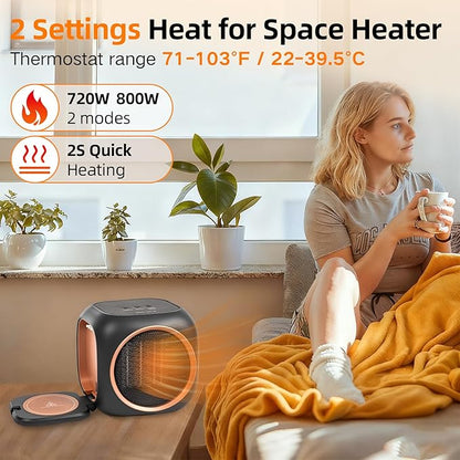 Upgraded Space Heater & Coffee Mug Warmer, Space Heater for Indoor Use with Thermostat, Candle Warmer Plate, 800W Portable Electric Heater for Bedrooms, Offices, Home