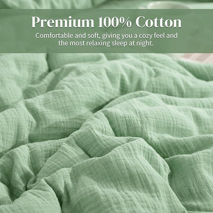 HOMBYS 100% Cotton Muslin Comforter Oversized King 120x120, Lightweight and Breathable Down Alternative Comforter,Soft Gauze Summer Sage Green Reversible Fluffy Duvet Insert