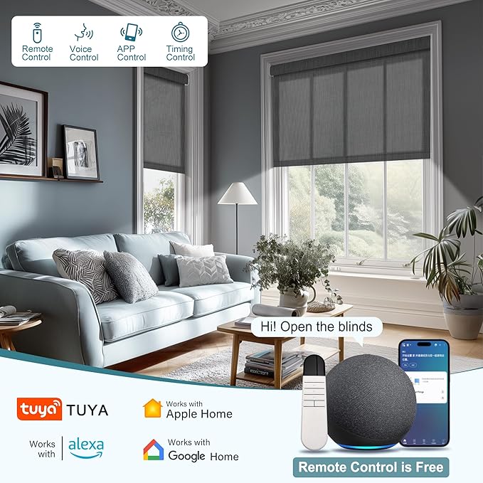 BERISSA Motorized Blinds with Remote,Light Filtering Smart Roller Shades with App,Voice Control,See-Through Fabric,Thermal Insulated Automatic Blinds,Electric Shades with USB/Solar Pannel.Solar Black