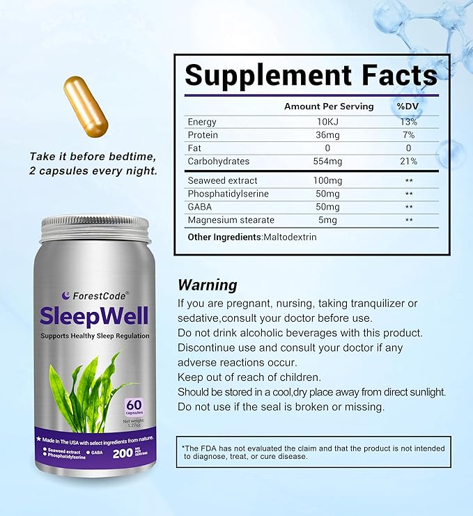 Natural Sleep Support for Adults with GABA & Seaweed Extract, Melatonin-Free Supplement for Healthy Sleep & Stress Support, 120 Capsules (Pack of 2)