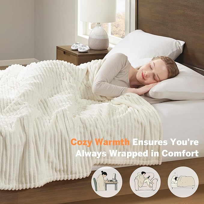 Serta Electric Blanket, Soft, Ribbed, Plush Heating Blanket Twin for Office, Couch, 1-12 hr Auto Shut Off Timer, 10 Lv Heating, ETL Certified, Twin 62"x84" Marshmallow