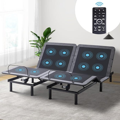 MUUEGM Adjustable Bed Frame Base Split King Massage,Wireless Remote Control,Ergonomic Upholstered Motorized Head Foot Incline,Zero Gravity,Anti-Snore,USB Ports,Easy Assembly,LED Light,Memory Pre-Sets