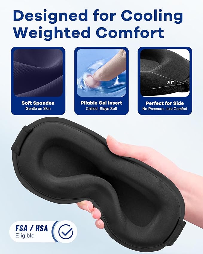 3D Cooling Gel 6oz Weighted Eye Mask for Sleeping & Screen Fatigue Relief, Ice Cold Compress Sleep Mask for Migraines, Headaches & Eye Strain, 100% Blocking Contour Eye Mask for Better Rest, Blue