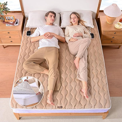 Bearhug Queen Electric Mattress Pad, Dual Control Bed Warmer with 10 Heat Level, Auto Shut Off Timer, Zipper Heated Mattress Pad with Deep Pocket Up to 18",ETL Certified, Machine Wash 60" x 80", Brown