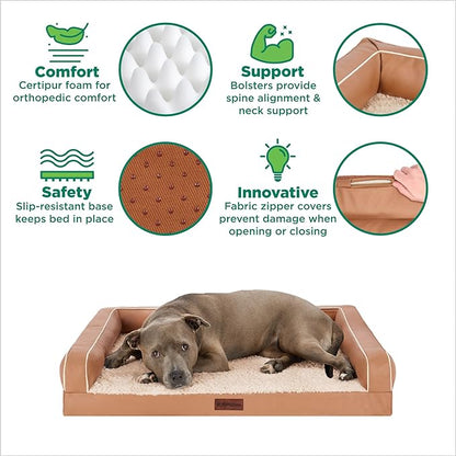 Furhaven Orthopedic Dog Sofa Bed – Memory Foam Couch with Bolsters, Textured Plush & Water-Resistant Cover, Washable Cover, Joint Support - Camel, Large
