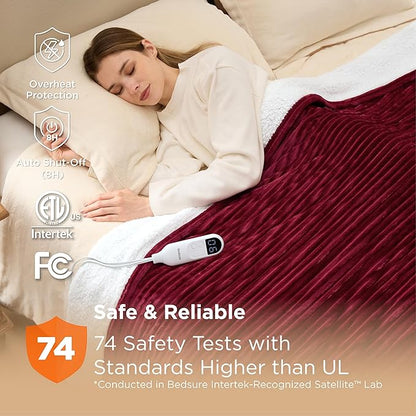 Bedsure GentleSoft Electric Blanket Full Size - Soft Ribbed Flannel Heated Blanket with 6 Heat Settings, Heating with 10 Time Settings, 8 hrs Timer Auto Shut Off, Gifts for Grandma (72"x84", Burgundy)