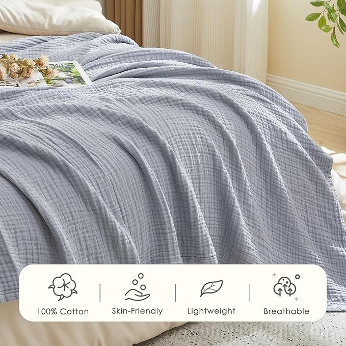 EMME Cotton Muslin King Blanket Big Oversized Bed Layering Bedspread Coverlet Breathable Gauze Soft Lightweight Blankets (Dusty Blue, 120"x94")