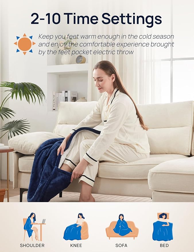 Westinghouse Electric Blanket with Foot Pocket for Adults, Ultra Soft Flannel to Sherpa Heated Throw with 6 Heating Levels & 2-10 Hours Time Settings, Fast Heating & Machine Washable, 50x62, Navy Blue