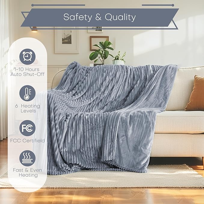 Electric Heated Blanket Twin Size 62"x84" with Cozy Flannel, 6 Heat Settings & 10 Hours Auto Off, Soft & Cozy Warming Throw for Home, Office, or Bed, Machine Washable, Grey