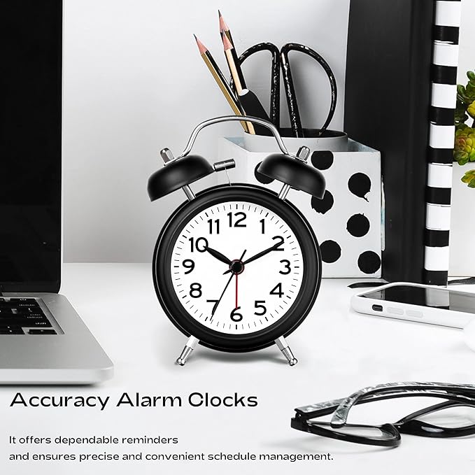 AKCISOT Loud Alarm Clock for Heavy Deep Sleepers,3 Inches Analog Metal Twin Bell Clocks Battery Operated with Backlight for Bedroom Bseide, Old Fashioned for Desk Home Decoration (Black White)